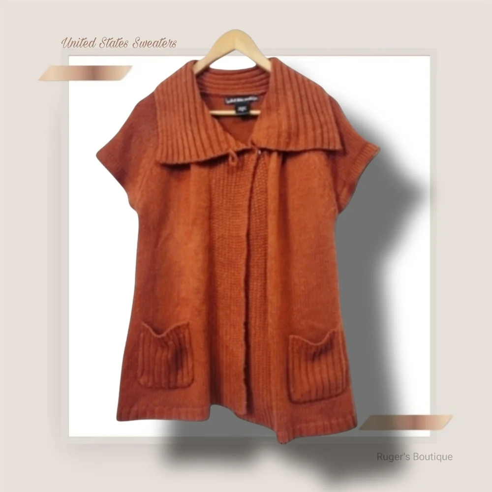 🌿United States Sweaters Women's Med Pumpkin Orange Short Sleeve Knit Cardigan - Picture 3 of 15